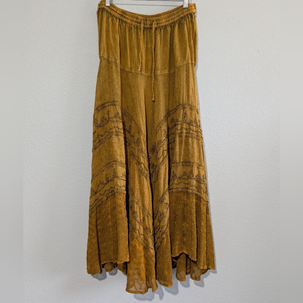 Sakkas Boho Patchwork Mixed Textures Embroidery Beaded Eyelet Earthy Maxi Skirt